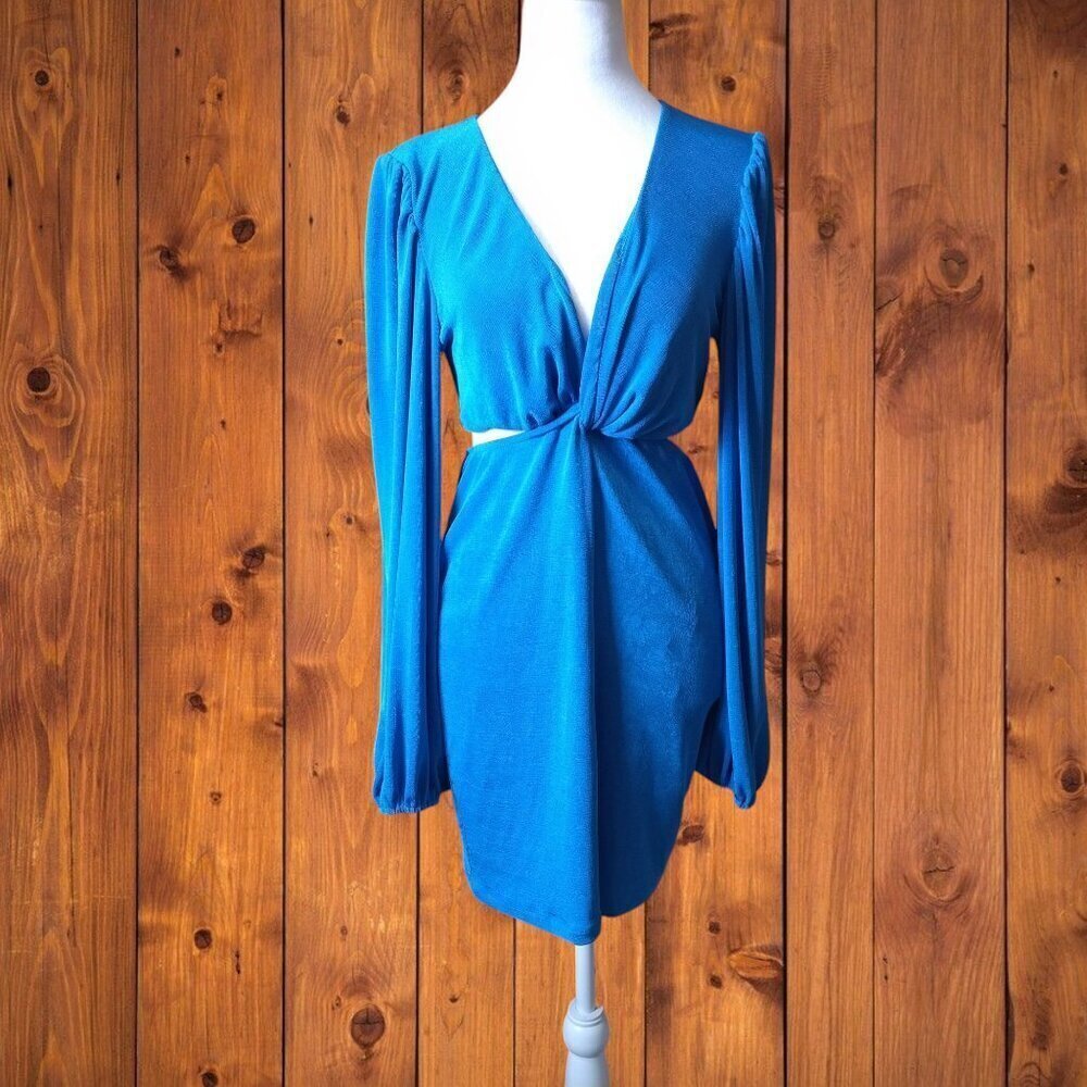 Princess Polly Size 10 Saskia Blue Long Sleeve Cut Out Dress Feminine Party